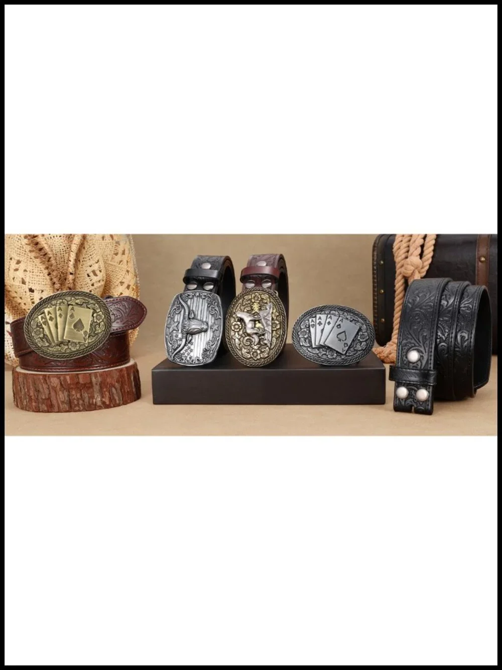 Western Cowboy Belt with Detachable Buckle - Genuine Leather